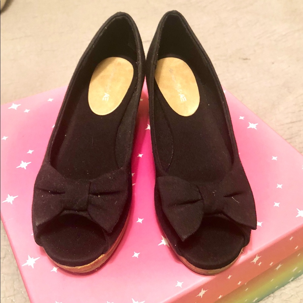 Black linen wedges with cork wedge